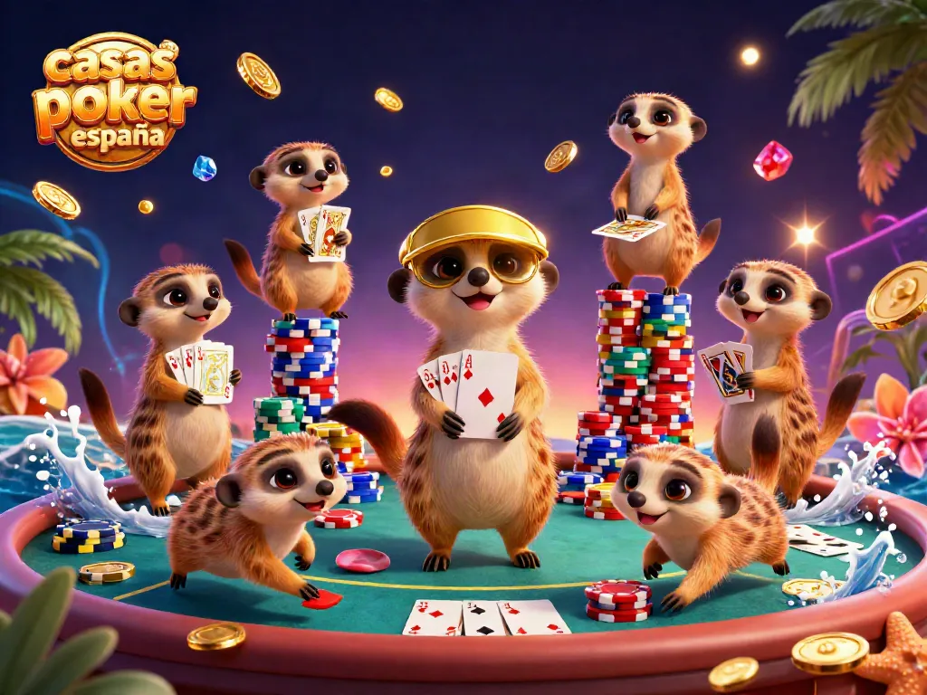 Las mejores casas de poker online en España ofrecen estrategias y diversión con cuatro simpáticos suricatos trabajando en un casino.