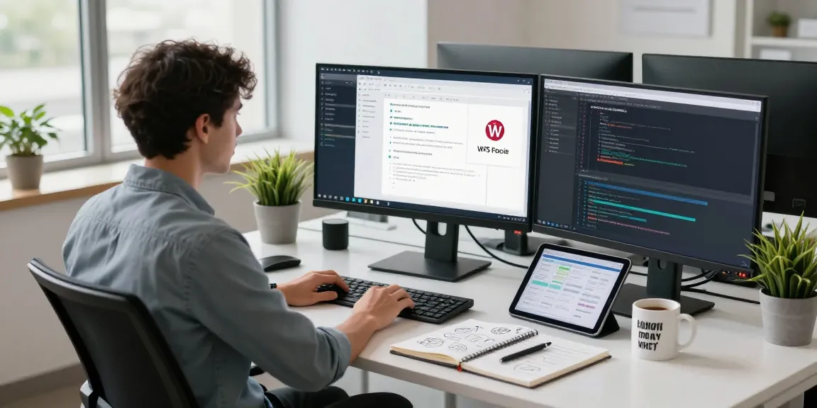 Developer coding on multiple screens showcasing WPS Official Website applications in an inspiring workspace.