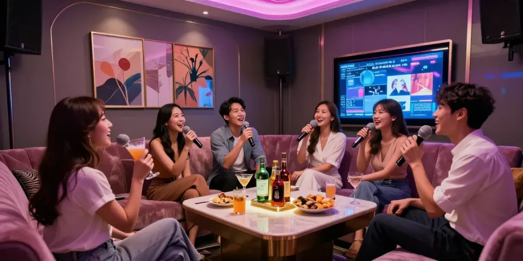 강남 세이렌의 고급스러운 노래방에서 친구들이 즐거운 시간을 보내는 모습