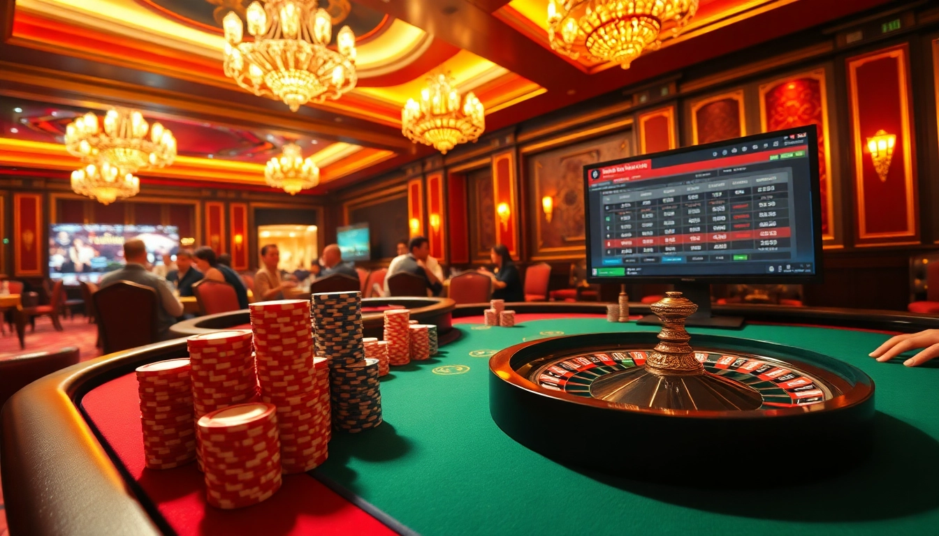 Xôi lạc players enjoying a high-stakes poker game in an upscale casino environment.