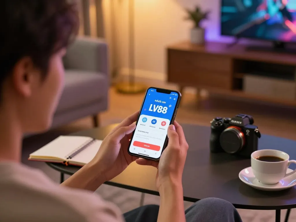 Engaged player using the nhà cái LV88 app on smartphone in warm living room setting.