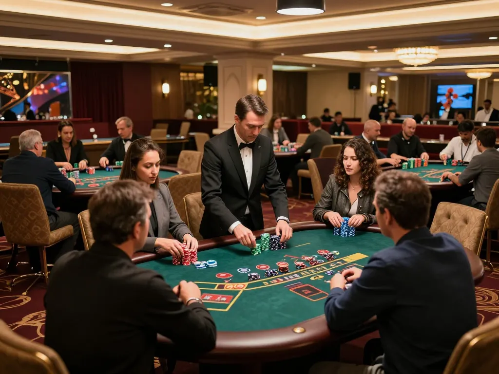 Xoilac players strategizing at poker tables in a lively, upscale casino setting.