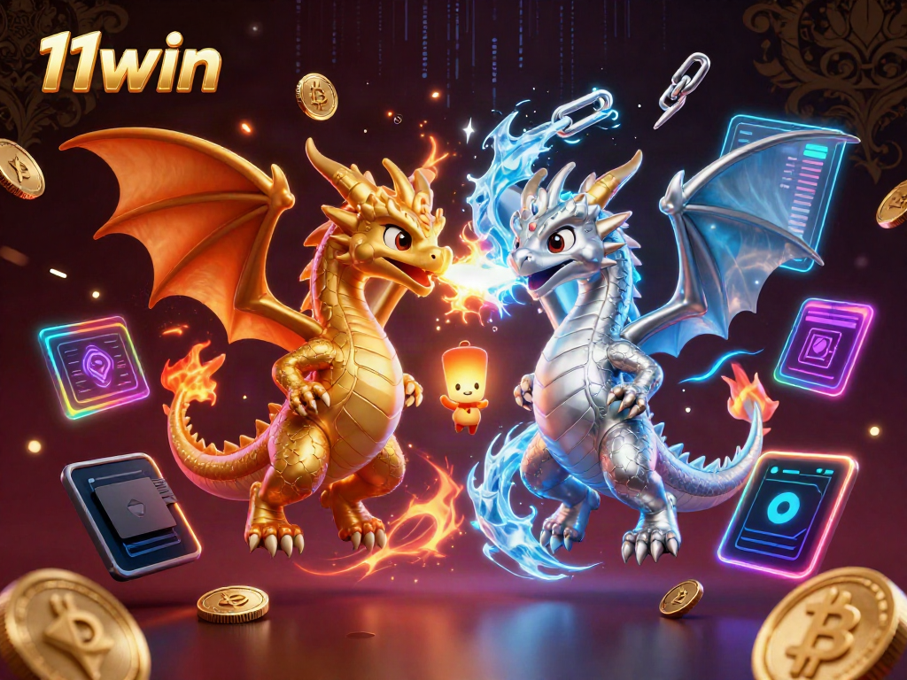 Engage in exciting gaming at 11win with dragon imagery, crypto coins, and vibrant casino elements