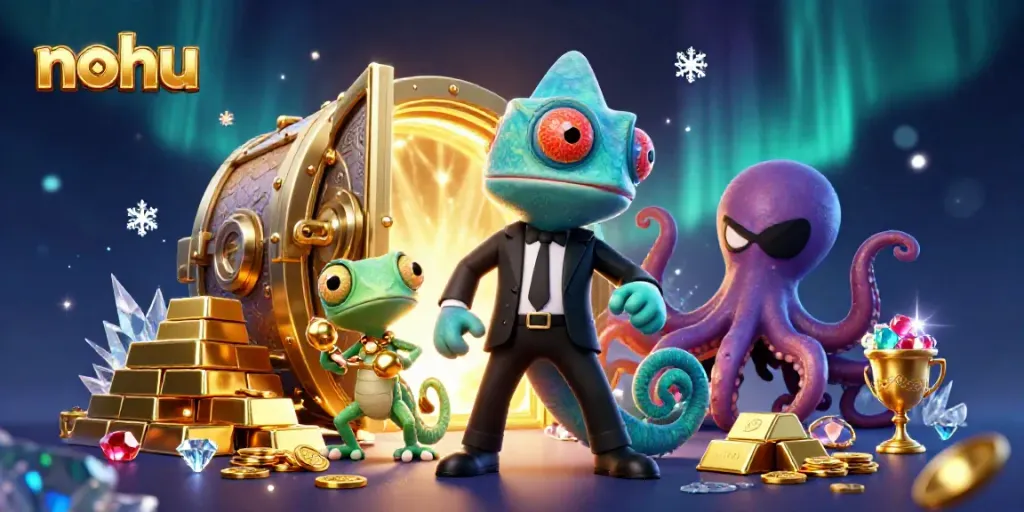 Experience thrilling nohu gaming with vibrant treasure and dynamic characters in a 3D casino scene.