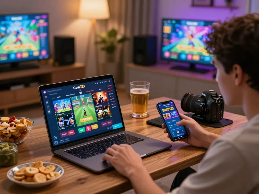 Player enjoying diverse games on trang chủ Goal123 in a cozy home setting, showcasing a vibrant gaming experience.