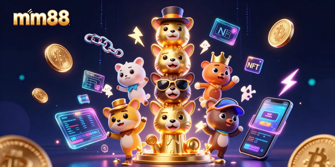 Experience exciting gameplay possibilities at mm88 with vibrant 3D characters and crypto-themed elements.