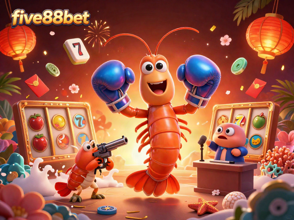 Engage with five88bet as cartoon shrimp characters powerful in action surrounded by casino elements.