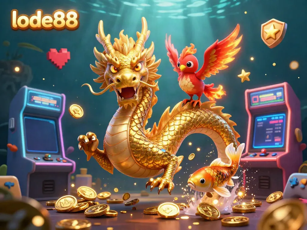 Join the excitement of lode88 as a golden dragon, phoenix, and koi fish leap through a vibrant gaming scene.