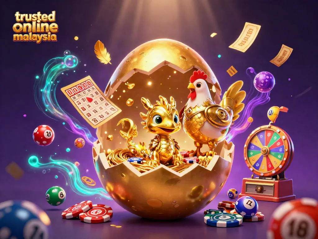 Join the excitement at a trusted online casino Malaysia with vibrant lottery elements, golden characters, and dynamic effects.
