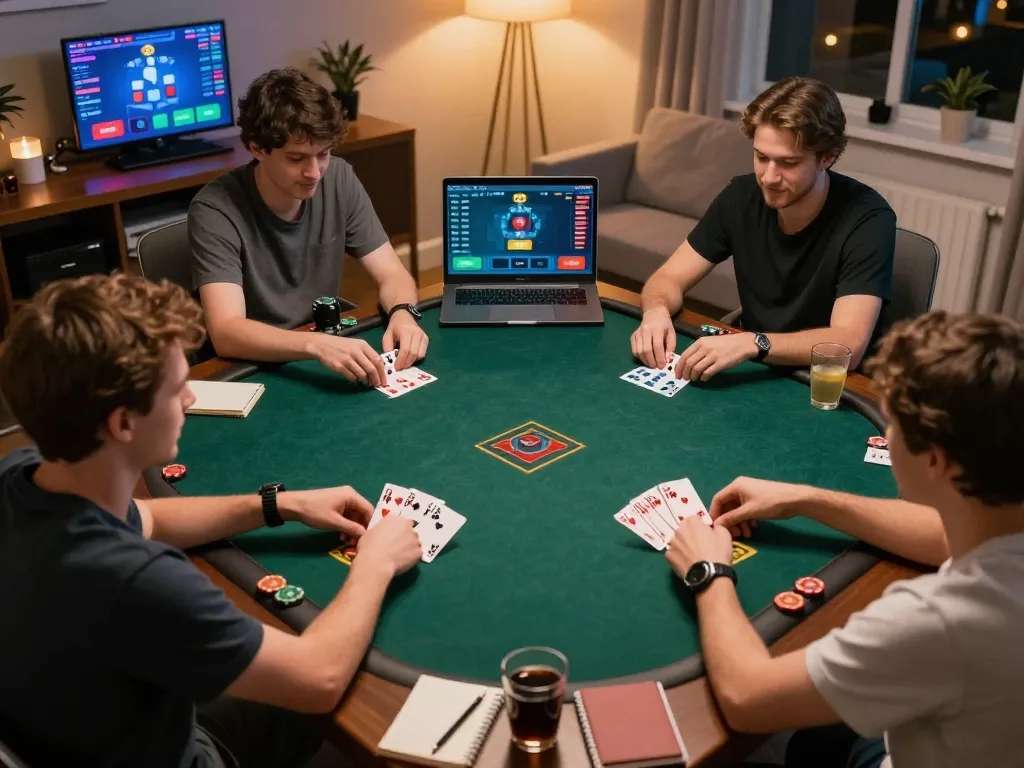 Experience online poker gameplay with 77WIN in a cozy home office setting, showcasing strategic betting moments.