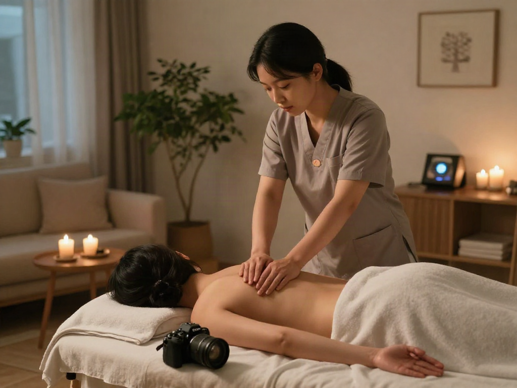 Relaxing 서대문출장안마 massage scene in a calming home environment with soothing light and natural elements.
