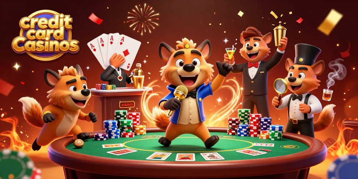 Engage with vibrant credit card casinos illustration featuring hyenas in a lively casino scene.