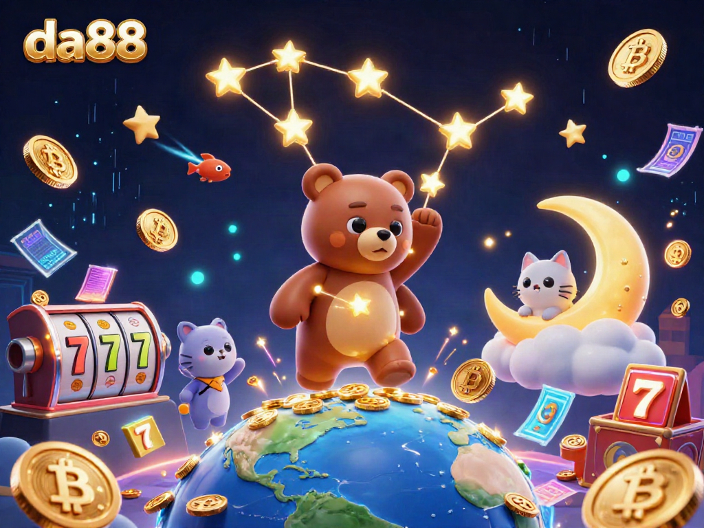 Experience the excitement at da88 with a magical casino scene featuring golden stars and glowing coins.