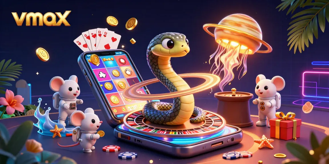 Place bets on cosmic games with vmax in this colorful illustration featuring playful gaming elements.