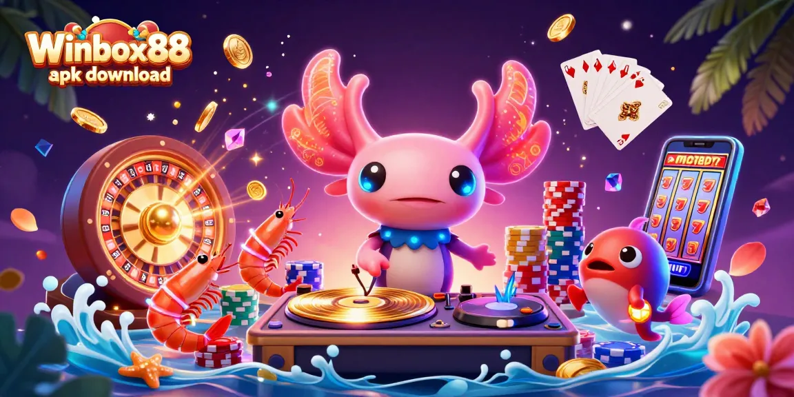 Winbox88 apk download featuring vibrant casino elements with a dynamic 3D cartoon scene.