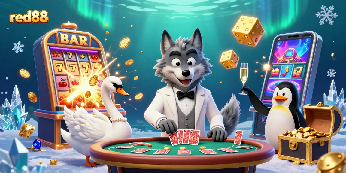Engage in thrilling slots with red88's captivating casino scene featuring vibrant characters and games.