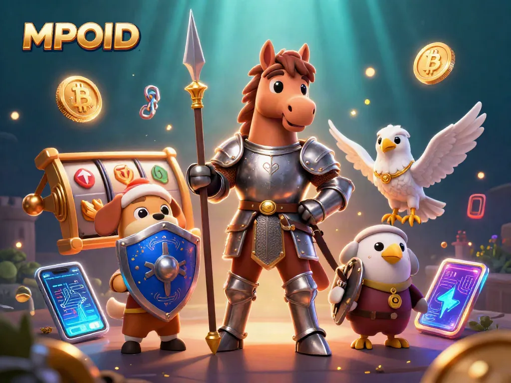 Play MPOID's exciting slot reels with a knight, squire, and falcon in a vibrant 3D scene.