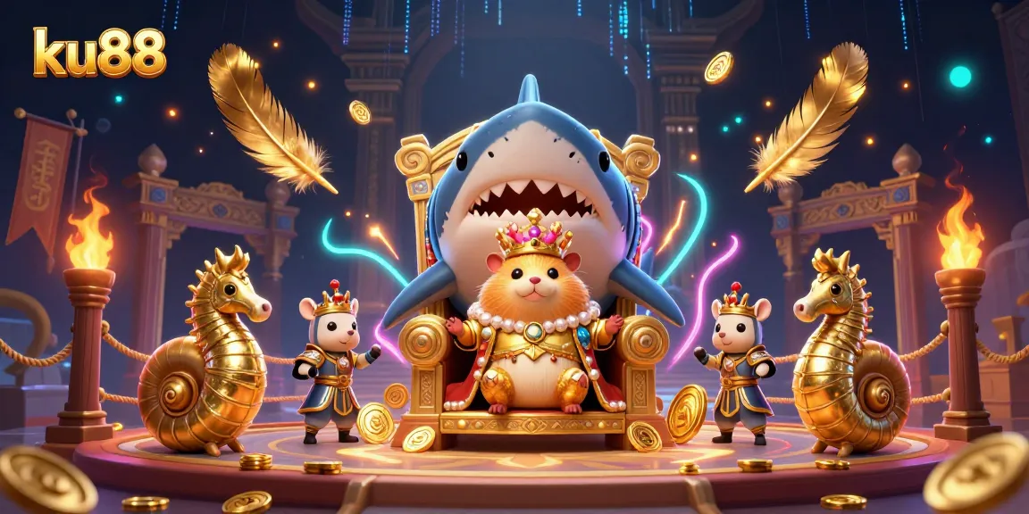 Engage in casino excitement with ku88, featuring a fierce hamster king and vibrant, swirling gold elements.