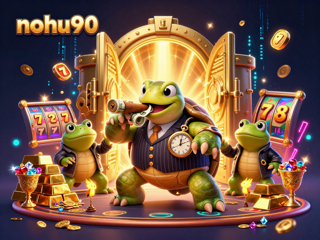 Join the thrilling world of nohu90 with a vibrant casino scene featuring a snapping turtle and bullfrog enforcers!