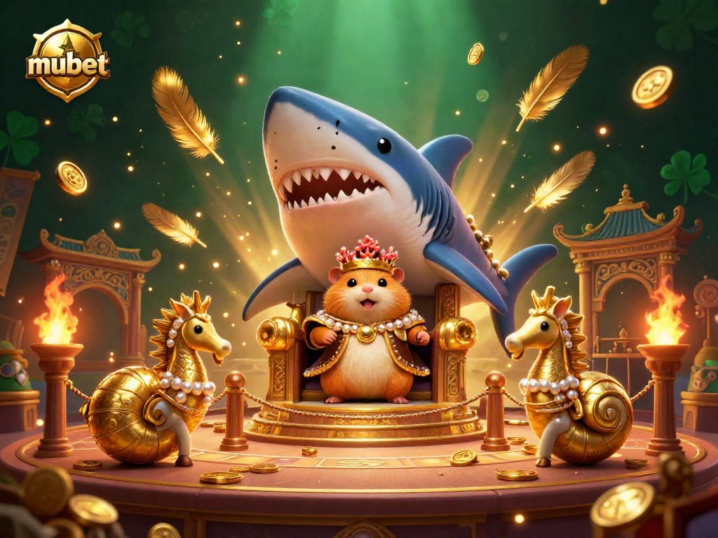 Engage in exciting gameplay with Mubet in a vibrant animated casino scene featuring a golden hamster king.
