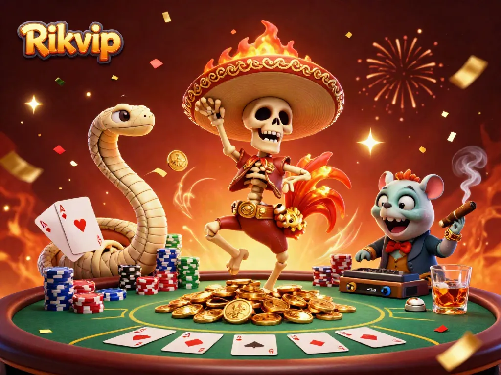 Rikvip celebration scene with vibrant characters dancing and gambling elements.