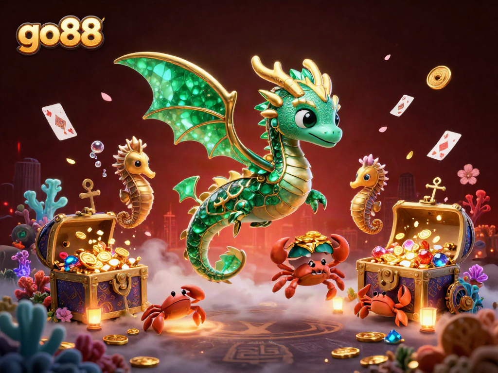 Experience thrilling gameplay with go88, where emerald dragons guard treasures amidst floating cards and underwater gems.