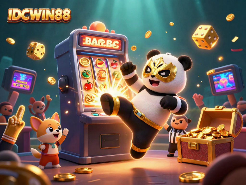 Experience thrilling gameplay with IDCWIN88 as a panda wrestles, coins fly, and excitement fills the scene.