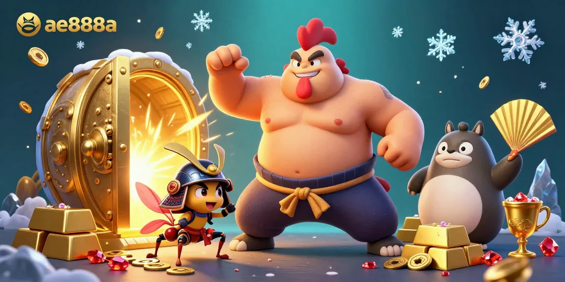 Experience the thrill of betting with ae888a on an energetic scene showcasing a rooster sumo wrestler, cricket fighter, and tanuki announcer.