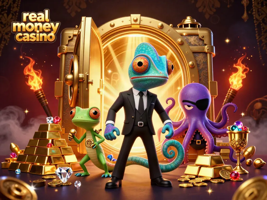 Engaging scene depicting a real money casino with animated characters discovering treasures and vibrant gaming elements.