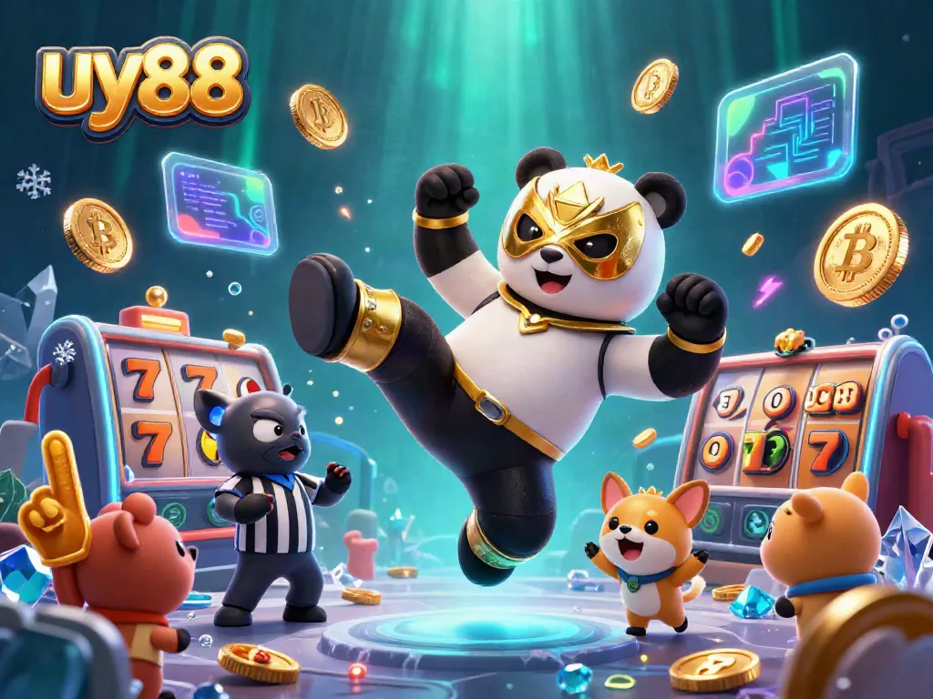 Experience thrilling gaming action with uy88, featuring a vibrant scene of characters amidst slot reels and crypto coins.