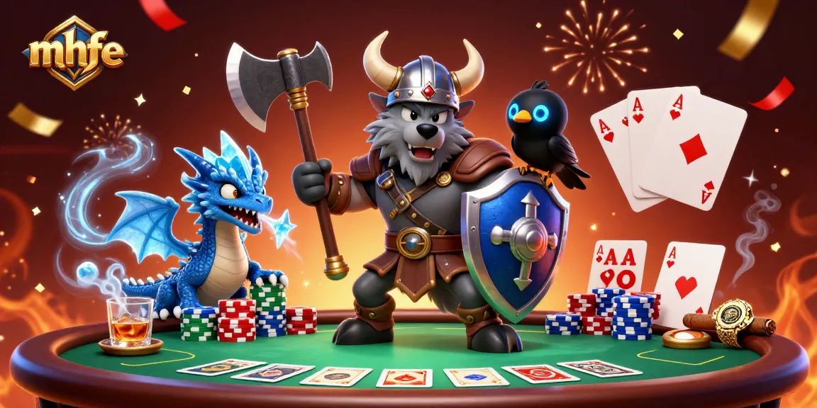Engage with mhfe in this vibrant casino scene featuring epic characters, poker elements, and dynamic celebrations.