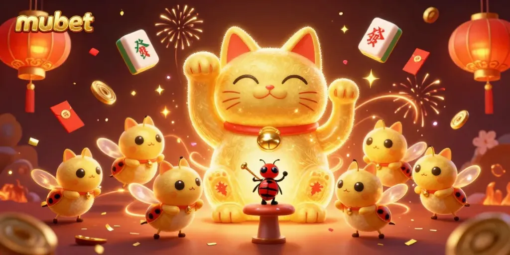 Experience the vibrant energy of mubet with a stunning lucky cat made of golden fireflies in an animated casino scene.