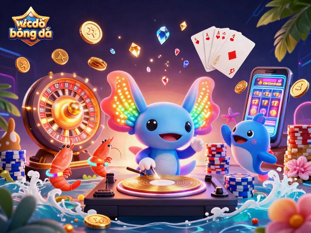 Chơi web cá độ bóng đá cùng DJ axolotl neon và tạo không khí sôi động với tiền vàng và ngọc quý.