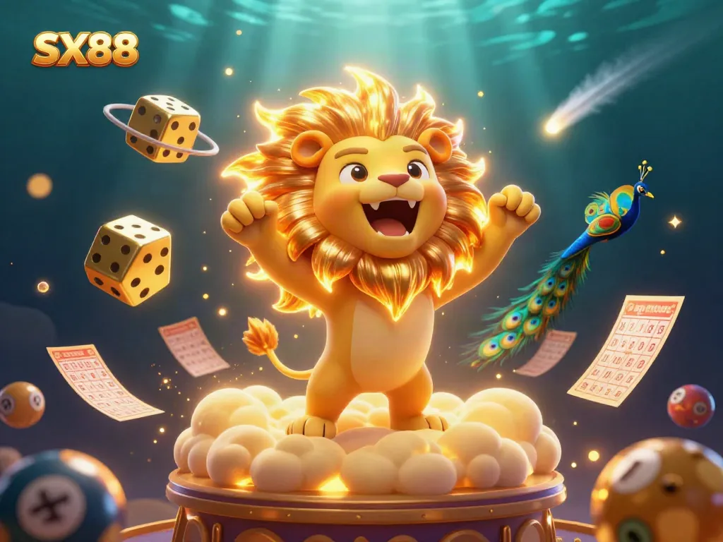 Engage in thrilling lottery gaming with SX88 featuring vibrant balls, bingo cards, and a dazzling prize wheel.
