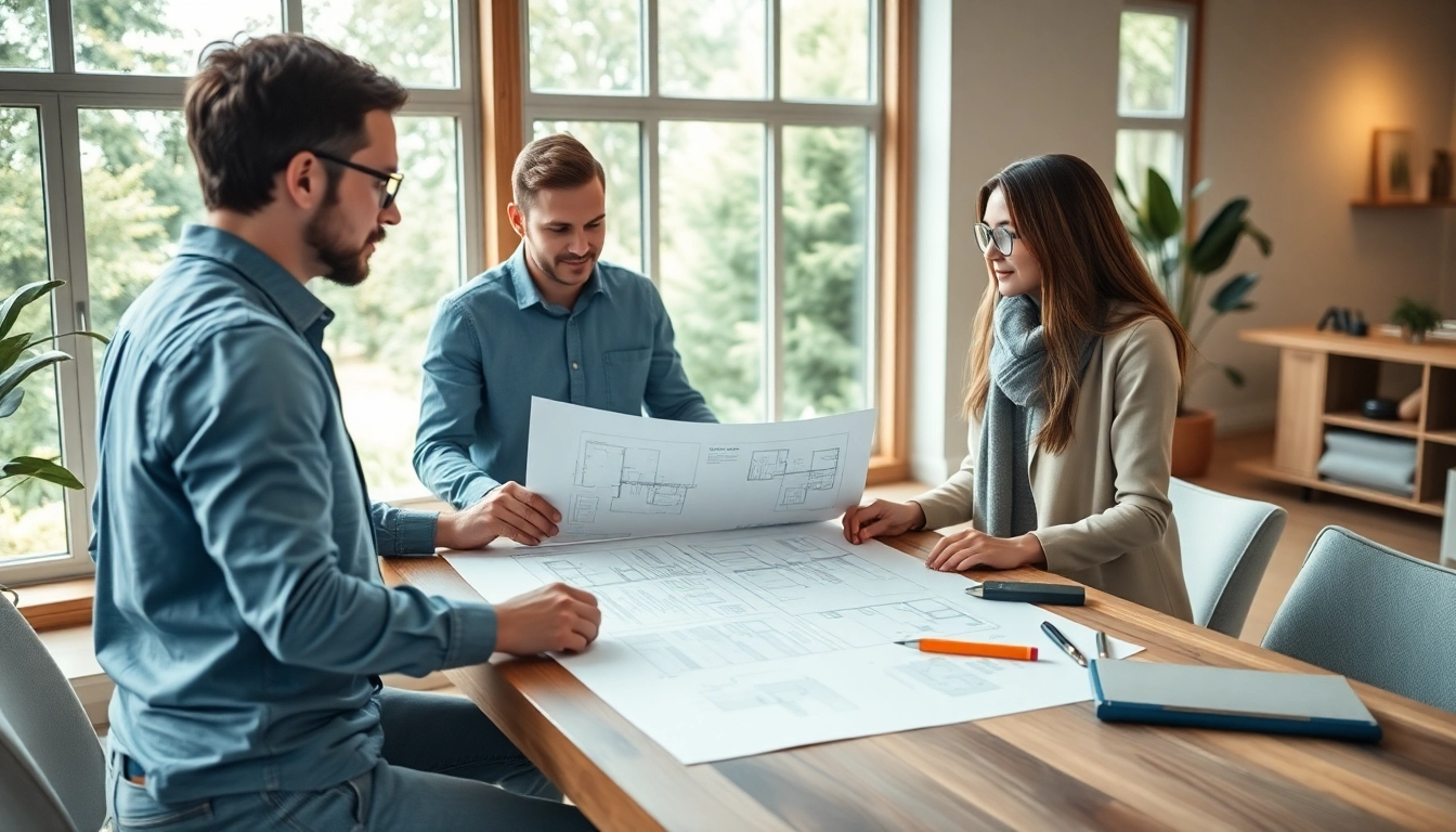 Residential architects for home renovation discussing design blueprints in a bright, inviting home.