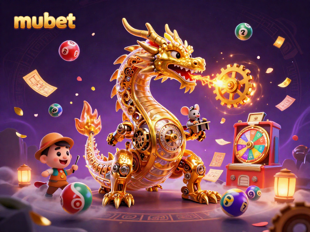Experience the thrill of mubet with a dynamic dragon and colorful lottery elements in this vibrant illustration.