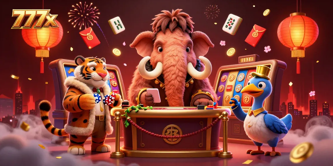 Experience the excitement of 777x at the casino with a woolly mammoth bouncer, saber-tooth guest, and vibrant slot reels.