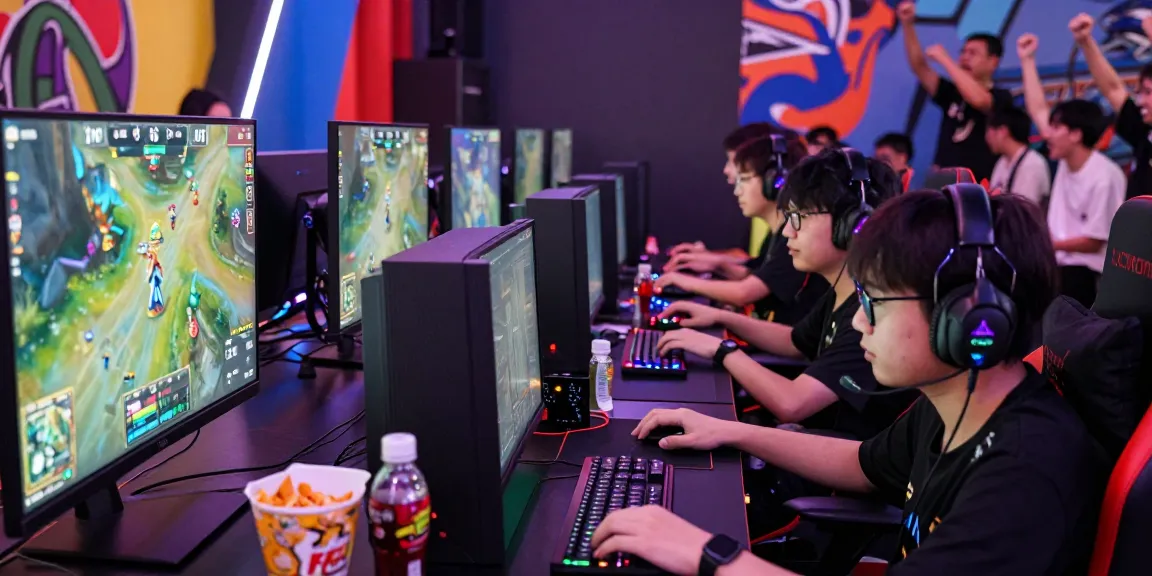 rokok88 esports gamers engaged in a competitive match in a vibrant arena