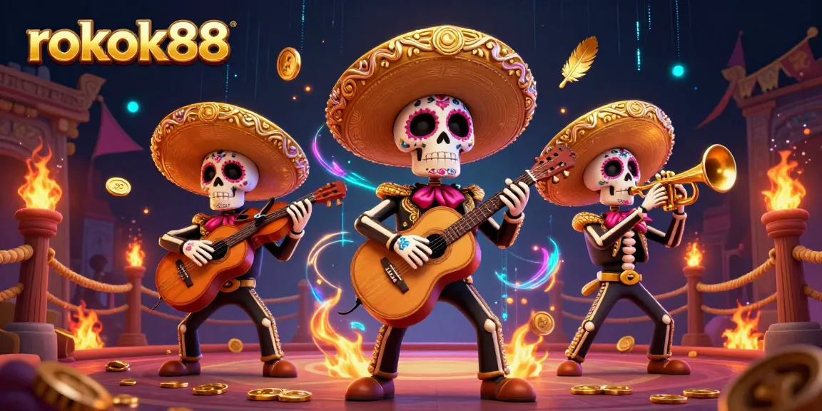 Experience dynamic gameplay with rokok88 in a colorful mariachi themed 3D casino illustration.