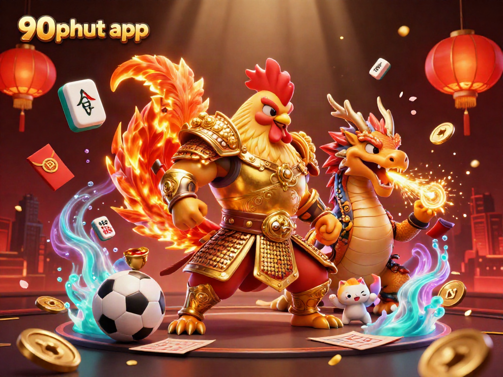 Amazing fight scene featuring a rooster in samurai armor alongside a dragon hatchling in a vibrant 90phut app-themed setting.
