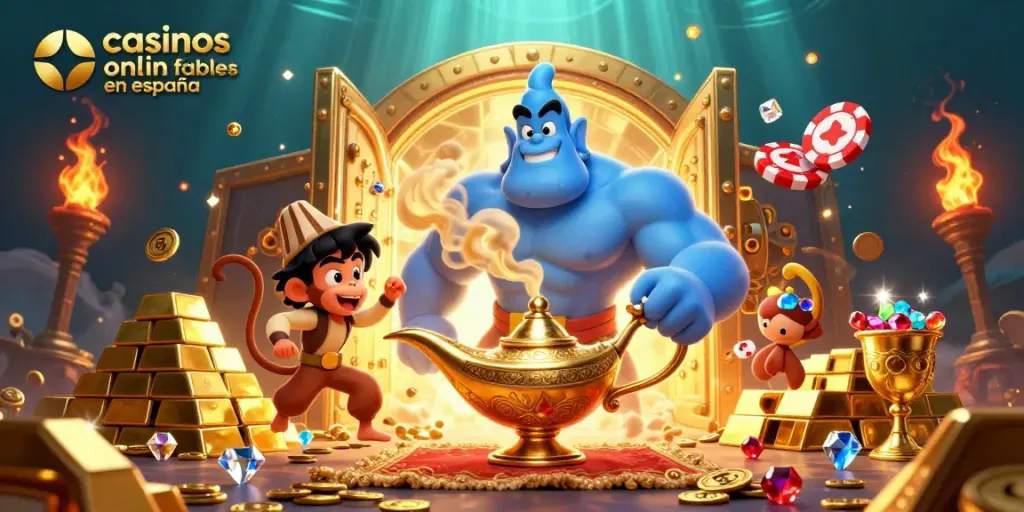 Ilustración 3D de un genio de lámpara, destacando casinos online fiables en España con un fondo brillante.