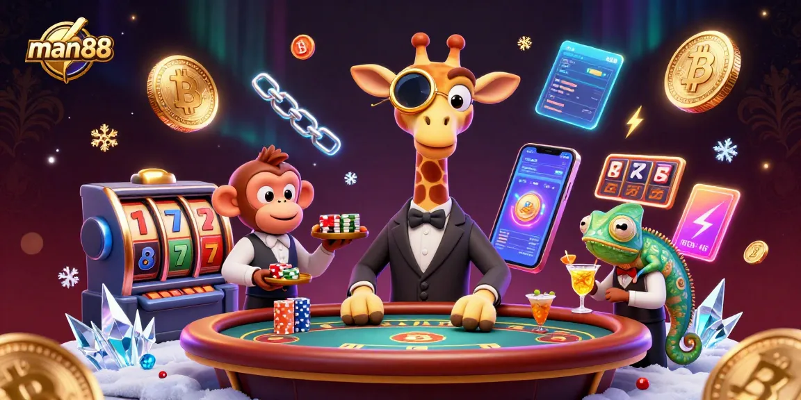 Experience man88's vibrant 3D casino scene with a giraffe, monkey, and chameleon amidst dazzling slot reels and crypto elements.