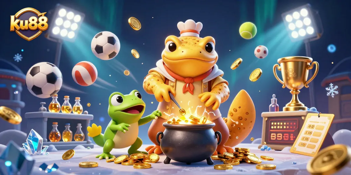 Ku88 showcases a vibrant scene with characters crafting gold in a magical 3D casino environment.