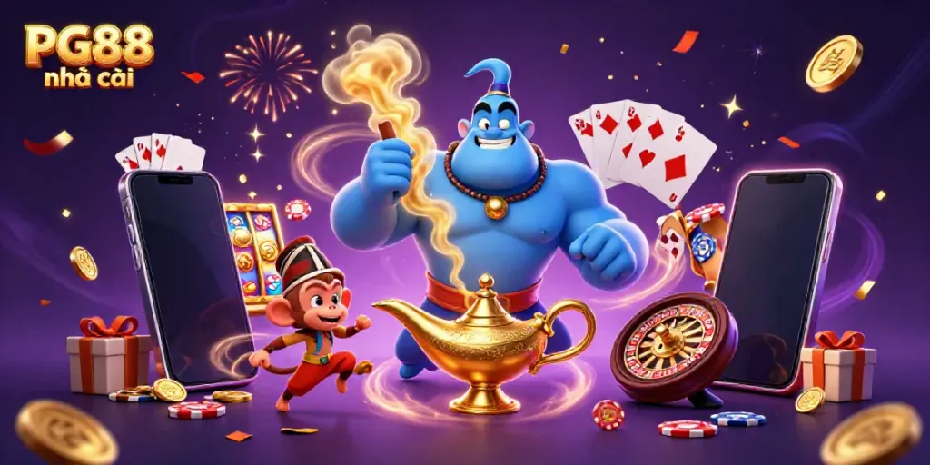 Experience the excitement of PG88 nhà cái with a magical casino scene featuring a genie, monkey, and vibrant gaming elements.