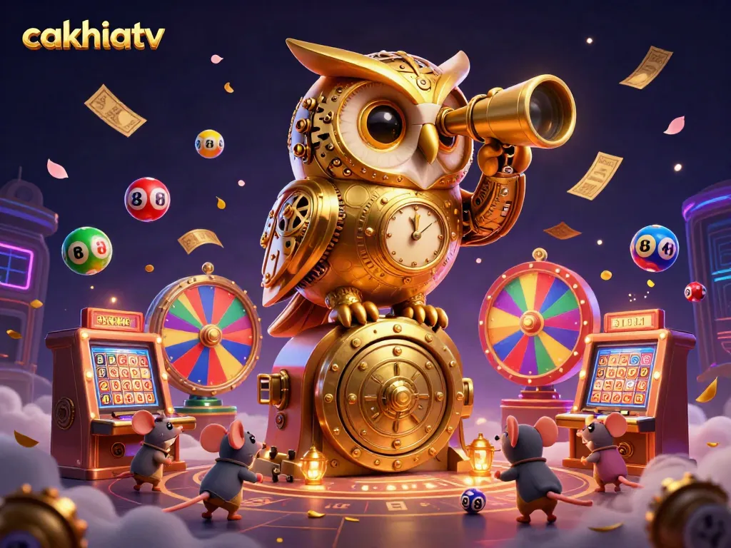 Cakhiatv brings thrilling moments with a massive clockwork owl observing a bustling casino floor.