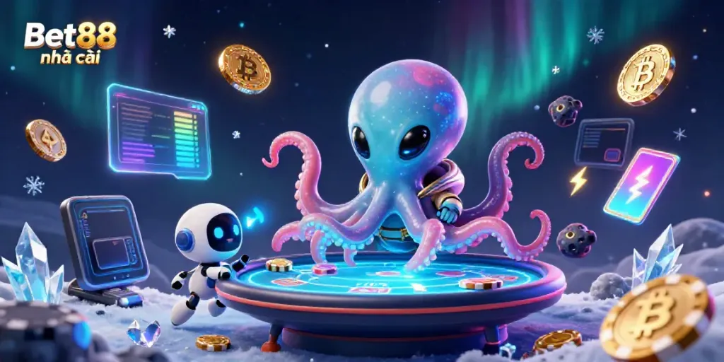Bet88 nhà cái showcases an immense alien octopus dealing cards at a cosmic poker table.