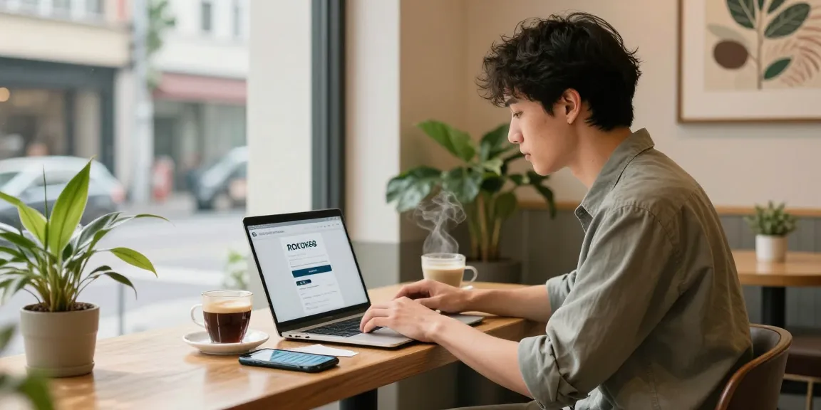 ROKOK88 login scene with a young man accessing account on a laptop in a cozy coffee shop, enjoying the warm atmosphere.