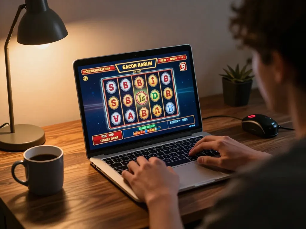 Engaging online gaming setup showcasing slot gacor hari ini with vibrant reels on laptop screen.