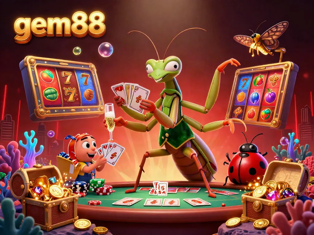 Engage in gem88's exhilarating atmosphere with a bustling casino scene featuring a giant mantis dealer amidst gold coins and vibrant slot elements.
