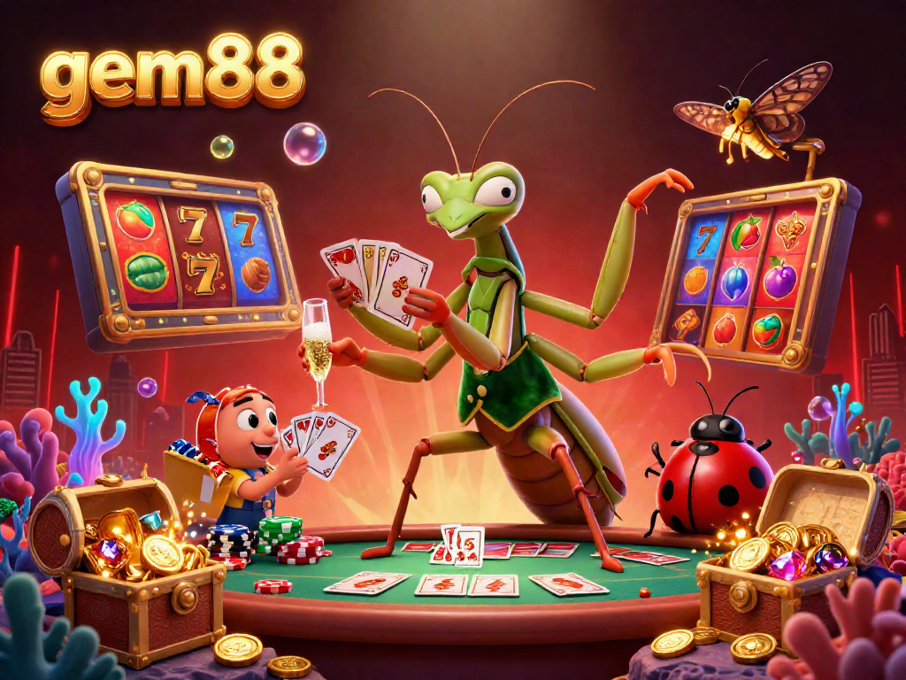 Engage in gem88's exhilarating atmosphere with a bustling casino scene featuring a giant mantis dealer amidst gold coins and vibrant slot elements.